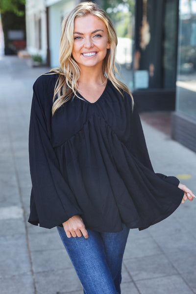 Explore More Collection - Simple Elegance Black V Neck Babydoll Woven Top