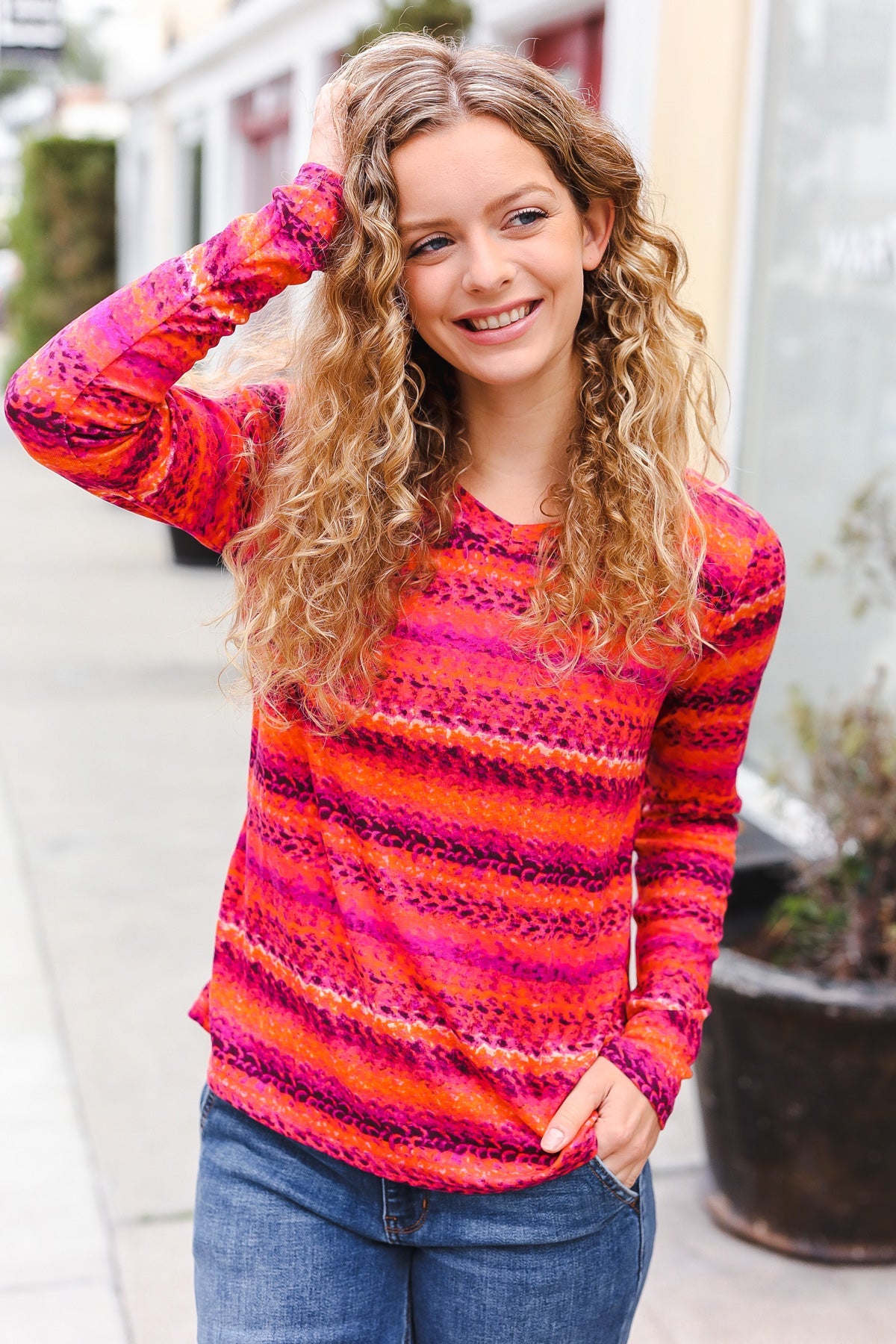 Explore More Collection - Be Bold Flame & Magenta Striped Cable Knit Print Hacci Top