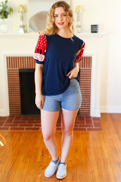 Explore More Collection - Holiday Stand-Out Navy Patriotic Patchwork Puff Sleeve Top