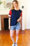 Explore More Collection - Holiday Stand-Out Navy Patriotic Patchwork Puff Sleeve Top