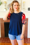 Explore More Collection - Holiday Stand-Out Navy Patriotic Patchwork Puff Sleeve Top