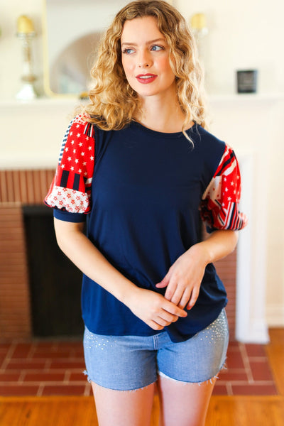 Explore More Collection - Holiday Stand-Out Navy Patriotic Patchwork Puff Sleeve Top