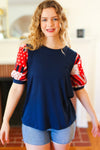 Explore More Collection - Holiday Stand-Out Navy Patriotic Patchwork Puff Sleeve Top