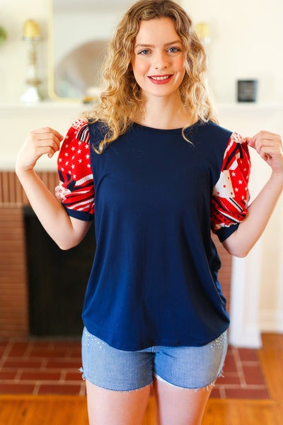 Explore More Collection - Holiday Stand-Out Navy Patriotic Patchwork Puff Sleeve Top