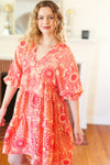 Explore More Collection - All You Need Peach & Coral Boho Floral V Neck Dress