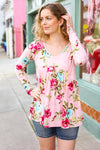 Explore More Collection - Diva Dreams Pink Floral Print V Neck Babydoll Top