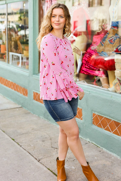 Explore More Collection - Make You Smile Pink Stripe & Cherries Bell Sleeve Top