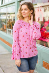 Explore More Collection - Make You Smile Pink Stripe & Cherries Bell Sleeve Top