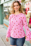 Explore More Collection - Make You Smile Pink Stripe & Cherries Bell Sleeve Top