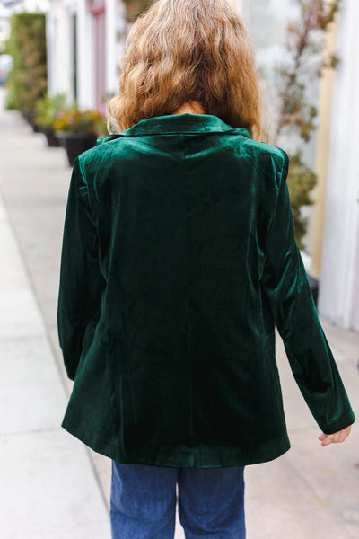 Explore More Collection - Holiday Stunner Hunter Green Velvet Lapel Blazer