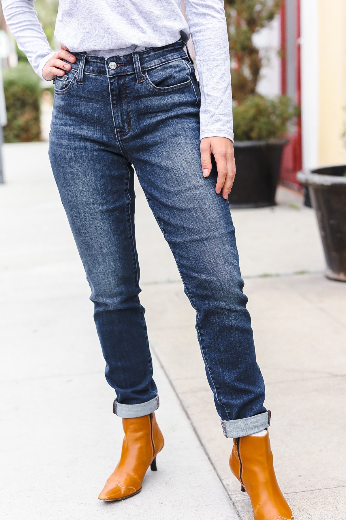 Explore More Collection - Judy Blue Dark Wash Mid Rise Cuffed Slim Fit Jeans