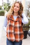 Explore More Collection - Put Together Rust Taupe Plaid Snap Button Quilted Puffer Vest