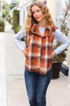 Explore More Collection - Put Together Rust Taupe Plaid Snap Button Quilted Puffer Vest