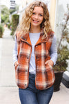 Explore More Collection - Put Together Rust Taupe Plaid Snap Button Quilted Puffer Vest