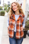 Explore More Collection - Put Together Rust Taupe Plaid Snap Button Quilted Puffer Vest