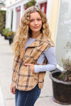 Explore More Collection - Layer Up Taupe Plaid Snap Button Quilted Puffer Vest