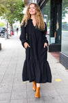 Explore More Collection - Lock Eyes Black Notched Neck Frill Hem Tiered Maxi Dress