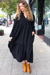 Explore More Collection - Lock Eyes Black Notched Neck Frill Hem Tiered Maxi Dress