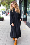 Explore More Collection - Lock Eyes Black Notched Neck Frill Hem Tiered Maxi Dress