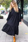 Explore More Collection - Lock Eyes Black Notched Neck Frill Hem Tiered Maxi Dress