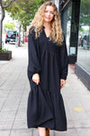 Explore More Collection - Lock Eyes Black Notched Neck Frill Hem Tiered Maxi Dress