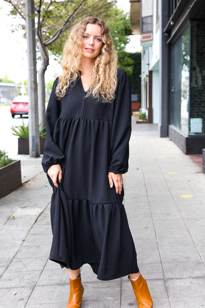 Explore More Collection - Lock Eyes Black Notched Neck Frill Hem Tiered Maxi Dress