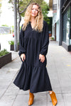 Explore More Collection - Lock Eyes Black Notched Neck Frill Hem Tiered Maxi Dress