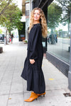 Explore More Collection - Lock Eyes Black Notched Neck Frill Hem Tiered Maxi Dress