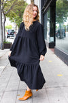 Explore More Collection - Lock Eyes Black Notched Neck Frill Hem Tiered Maxi Dress