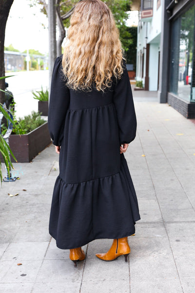 Explore More Collection - Lock Eyes Black Notched Neck Frill Hem Tiered Maxi Dress