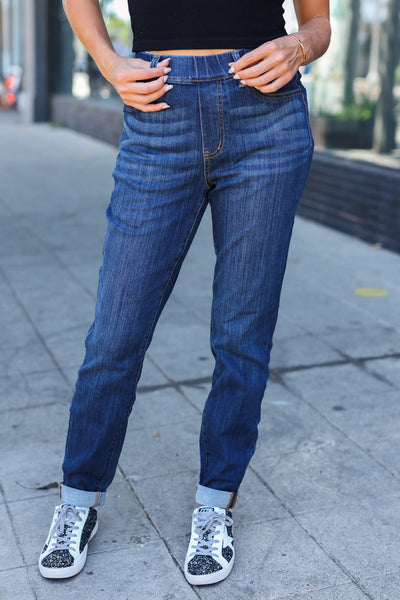 Explore More Collection - Judy Blue Dark Wash Pull On Cuffed Slim Fit Jeans