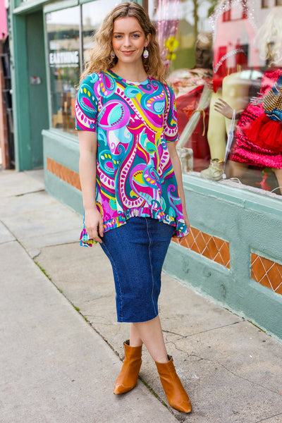 Explore More Collection - PLUS Purple & Teal Paisley Ruffle Hem Tunic Top