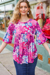 Explore More Collection - Pink & Blue Floral Print Babydoll Bell Sleeve Top