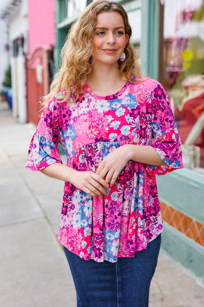 Explore More Collection - Pink & Blue Floral Print Babydoll Bell Sleeve Top