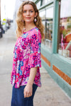 Explore More Collection - Pink & Blue Floral Print Babydoll Bell Sleeve Top