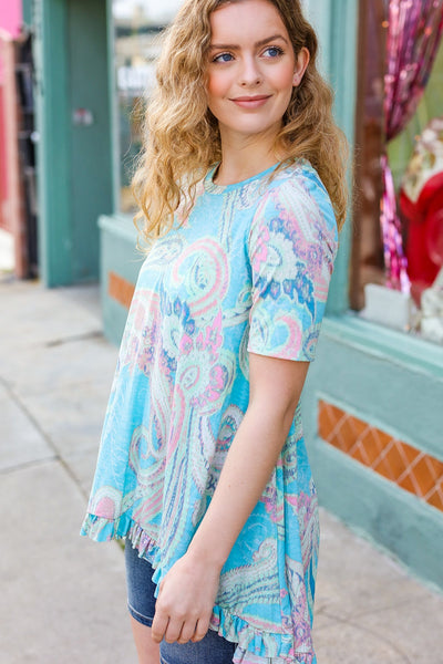 Explore More Collection - All About You Sky Blue Paisley Ruffle Hem Tunic Top