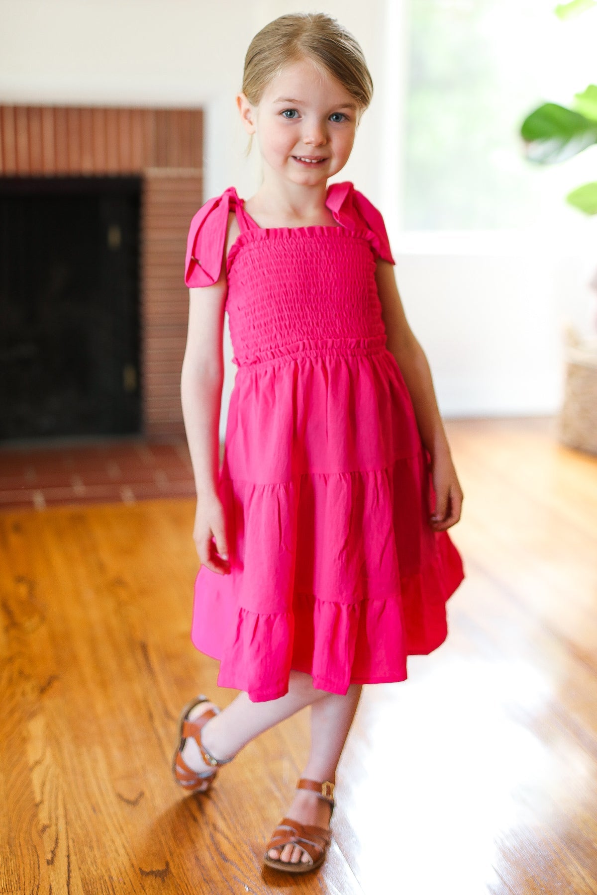 Explore More Collection - Darling Pink Crepe Tiered Smocked Shoulder Tie Dress