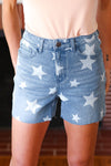 Explore More Collection - Light Wash Star Print High Rise Denim Shorts