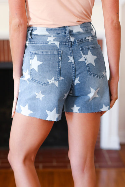 Explore More Collection - Light Wash Star Print High Rise Denim Shorts