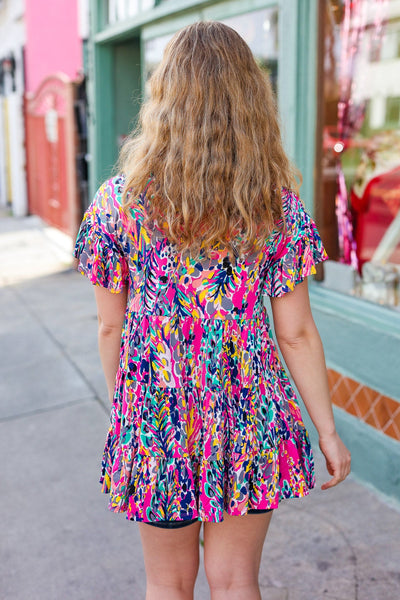 Explore More Collection - Femme' Fuchsia & Navy Floral Ruffle Hem Tiered Top