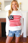 Explore More Collection - American Flag White Crochet Oversized Knit Sweater