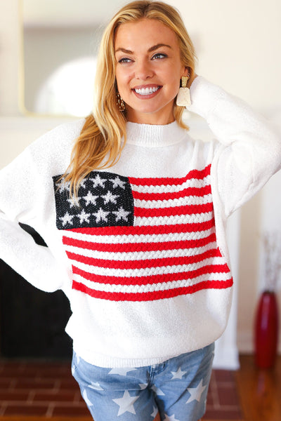 Explore More Collection - American Flag White Crochet Oversized Knit Sweater