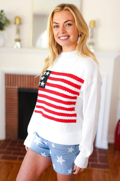 Explore More Collection - American Flag White Crochet Oversized Knit Sweater