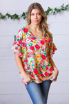 Explore More Collection - Red Flat Floral Pring Dolman Ruffle Frill Sleeve Blouse