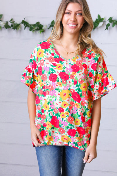 Explore More Collection - Red Flat Floral Pring Dolman Ruffle Frill Sleeve Blouse