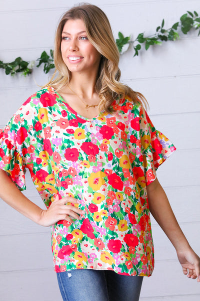 Explore More Collection - Red Flat Floral Pring Dolman Ruffle Frill Sleeve Blouse