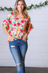 Explore More Collection - Red Flat Floral Pring Dolman Ruffle Frill Sleeve Blouse