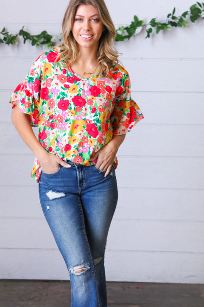 Explore More Collection - Red Flat Floral Pring Dolman Ruffle Frill Sleeve Blouse