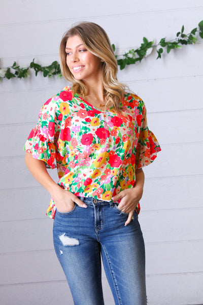 Explore More Collection - Red Flat Floral Pring Dolman Ruffle Frill Sleeve Blouse