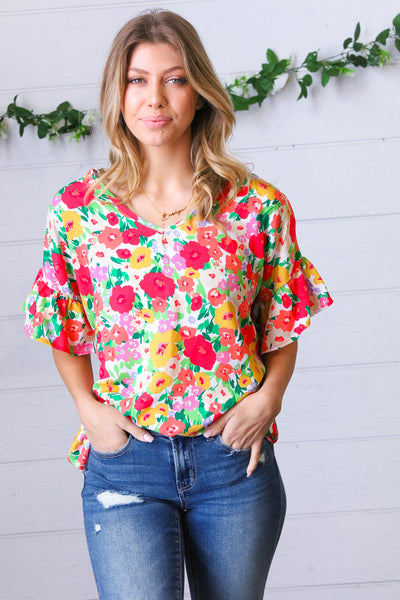 Explore More Collection - Red Flat Floral Pring Dolman Ruffle Frill Sleeve Blouse